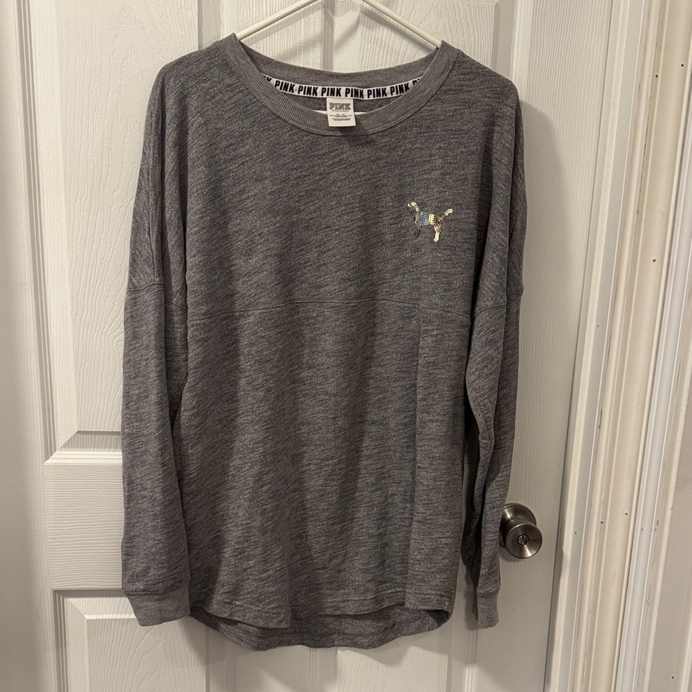 PINK heather Gray Long Sleeve Sweatshirt with Gold Logo